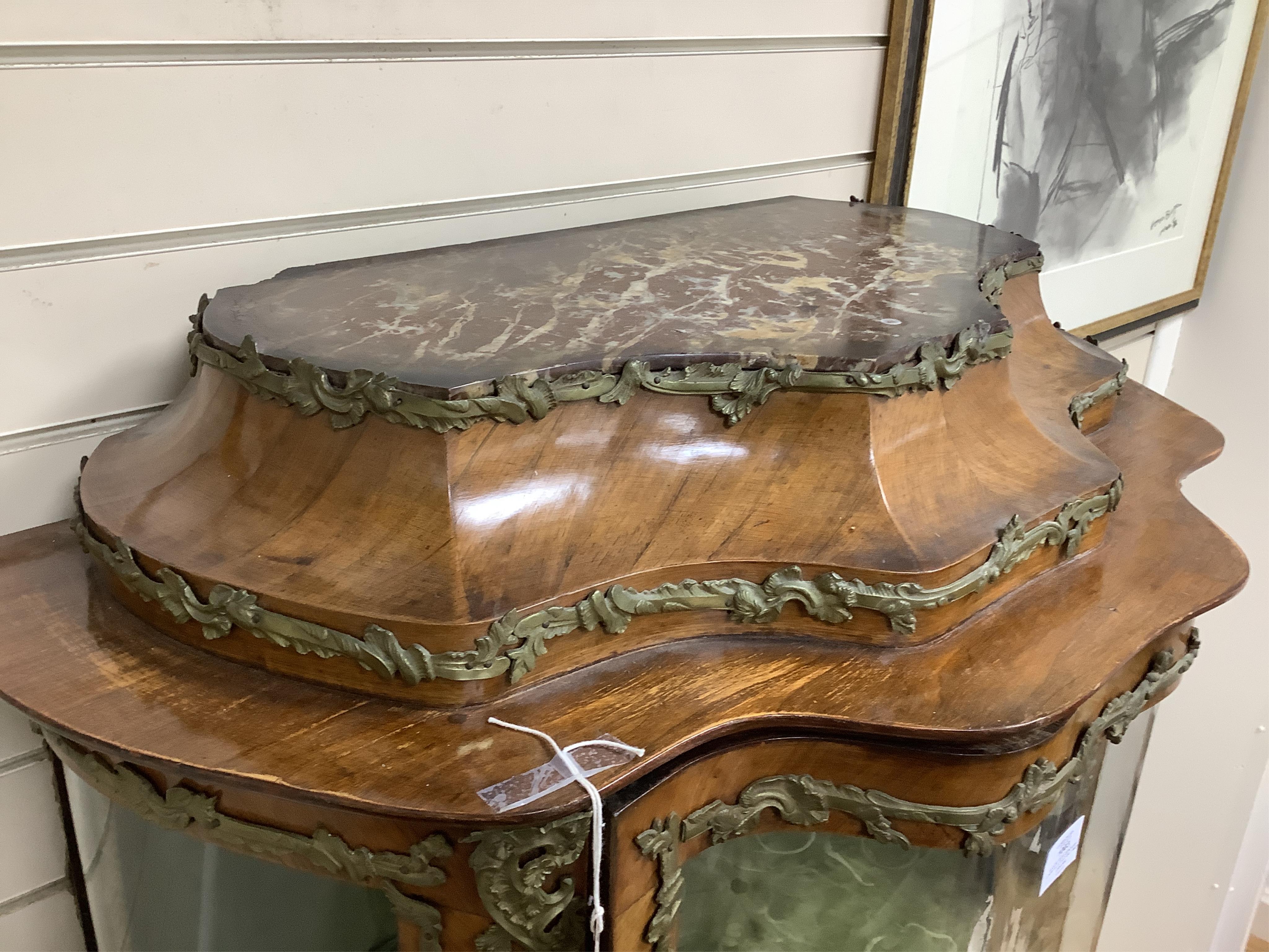 A late 19th century Louis XV style gilt metal mounted marble top marquetry inlaid mahogany vitrine, width 90cm, depth 45cm, height 164cm